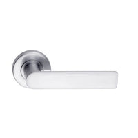 DormaKaba Madinoz Lever 014 door handle in satin chrome finish with sleek, modern design on a door.