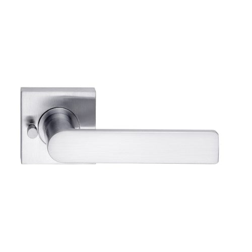 DormaKaba Madinoz Lever 014 door handle in silver finish, close-up view of the sleek lever and latch mechanism.