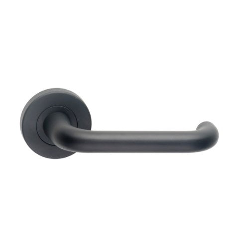 Black Madinoz Lever 018 door handle by DormaKaba, showing the sleek lever design and modern finish.
