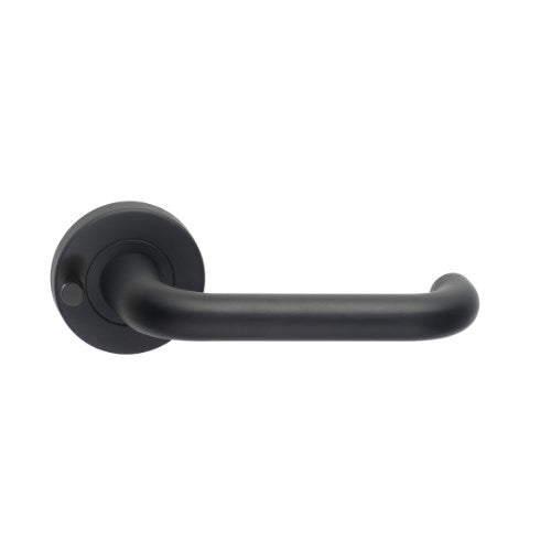 DormaKaba Madinoz Lever 018 door handle with black finish, showcasing sleek lever design on a door.