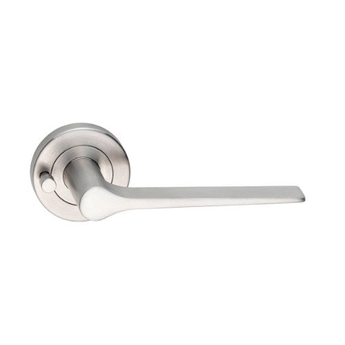 MDZ Lever 34 on Integrated Privacy Ø53 Round Rose, inc. Privacy Latch. 316 Marine Grade (Pair) in Polished Stainless