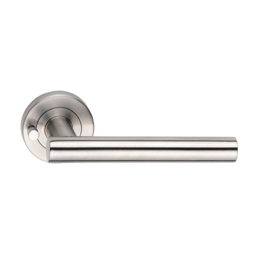 MDZ Lever 55 on Integrated Privacy Ø53 Round Rose, inc. Privacy Latch. 316 Marine Grade (Pair) in Polished Stainless