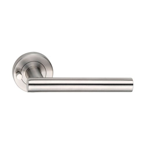 MDZ Lever 55T on Integrated Privacy Ø53 Round Rose, inc. Privacy Latch. 316 Marine Grade (Pair) in Polished Stainless Steel
