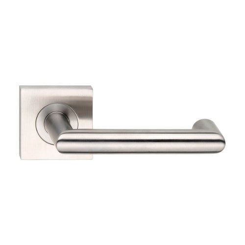 MDZ Lever 81T on 57mm x 57mm Square Rose. 316 Marine Grade (Pair) in Polished Stainless Steel