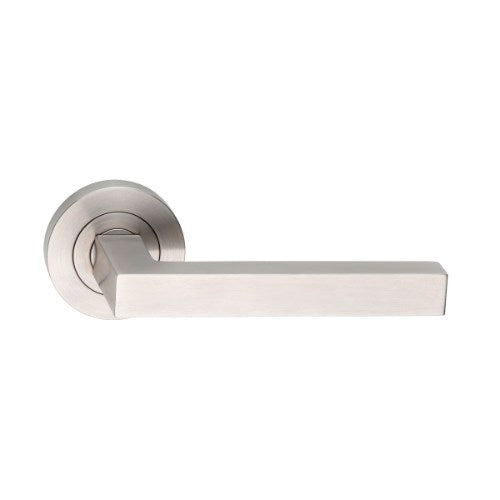 MDZ Lever 90 on Ø53mm Round Rose. 316 Marine Grade (Pair) in Satin Stainless