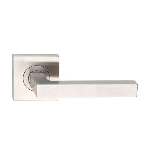 MDZ Lever 90 on 57mm x 57mm Square Rose. 316 Marine Grade (Pair) in Polished Stainless Steel