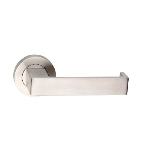 DormaKaba Madinoz Lever 101 door lock handle in stainless steel with sleek design and ergonomic lever for secure opening.