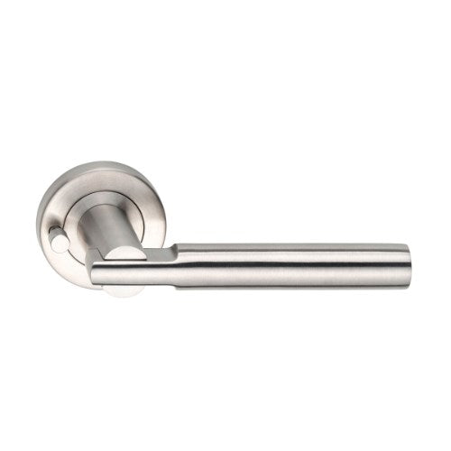 MDZ Lever 105 on Integrated Privacy Ø53 Round Rose, inc. Privacy Latch. 316 Marine Grade (Pair) in Satin Stainless