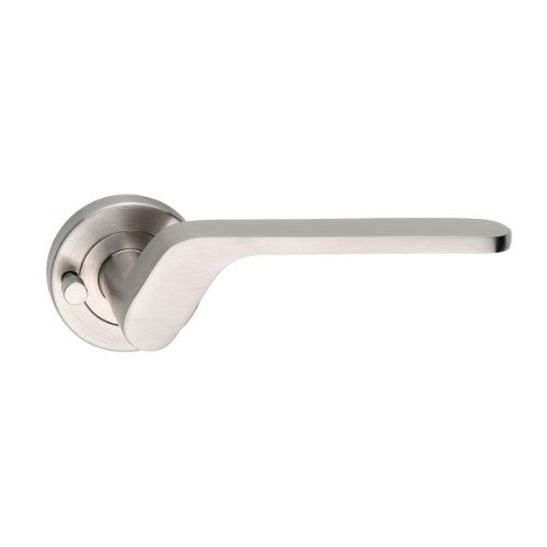 MDZ Lever 114 on Integrated Privacy Ø53 Round Rose, inc. Privacy Latch. 316 Marine Grade (Pair) in Satin Stainless