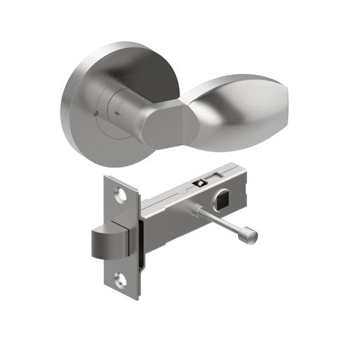 ASH Door Handles on Ø65mm Integrated Privacy Rose inc. Latch in Satin Stainless