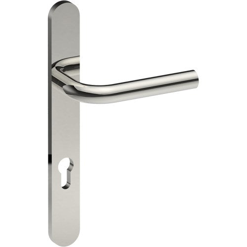 CAPRI Door Handle on B01 EXTERNAL European Standard Backplate with Cylinder Hole, Concealed Fixing (Half Set) 85mm CTC in Polished Stainless