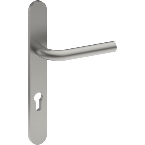 CAPRI Door Handle on B01 EXTERNAL European Standard Backplate with Cylinder Hole, Concealed Fixing (Half Set) 85mm CTC in Satin Stainless
