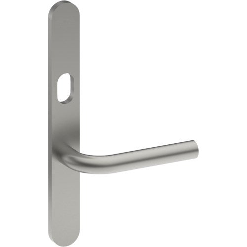 CAPRI Door Handle on B01 EXTERNAL Australian Standard Backplate with Cylinder Hole, Concealed Fixing (Half Set) 64mm CTC in Satin Stainless