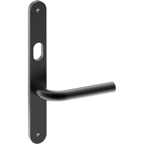 CAPRI Door Handle on B01 INTERNAL Australian Standard Backplate with Cylinder Hole, Visible Fixing (Half Set) 64mm CTC in Black Teflon