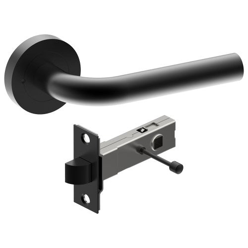 CAPRI Door Handles on Ø52mm Integrated Privacy Rose inc. Latch in Black Teflon