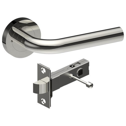 CAPRI Door Handles on Ø52mm Integrated Privacy Rose inc. Latch in Polished Stainless