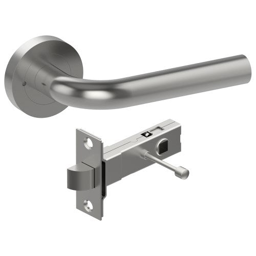 CAPRI Door Handles on Ø52mm Integrated Privacy Rose inc. Latch in Satin Stainless