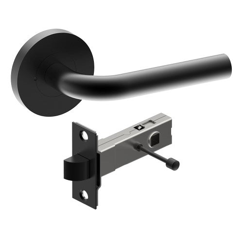 CAPRI Door Handles on Ø65mm Integrated Privacy Rose inc. Latch in Black Teflon