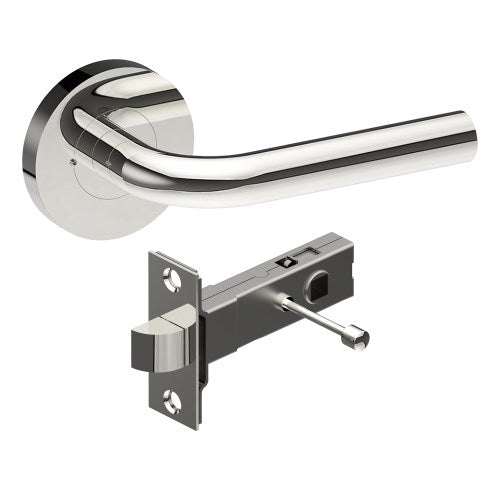 CAPRI Door Handles on Ø65mm Integrated Privacy Rose inc. Latch in Polished Stainless