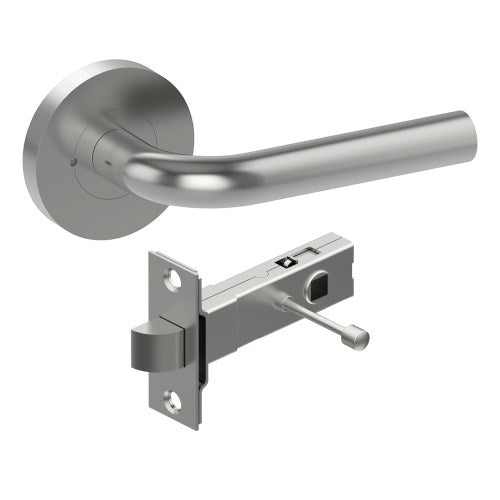CAPRI Door Handles on Ø65mm Integrated Privacy Rose inc. Latch in Satin Stainless
