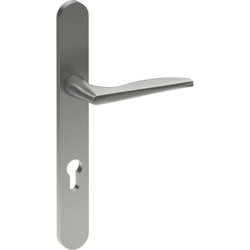 CASTILE Door Handle on B01 EXTERNAL European Standard Backplate with Cylinder Hole, Concealed Fixing (Half Set) 85mm CTC in Satin Stainless