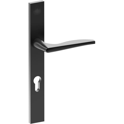 CASTILE Door Handle on B02 EXTERNAL European Standard Backplate with Cylinder Hole, Concealed Fixing (Half Set) 85mm CTC in Black Teflon