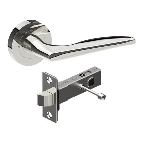 CASTILE Door Handles on Ø52mm Integrated Privacy Rose inc. Latch in Polished Stainless