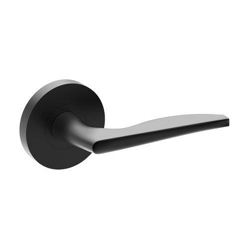 Castile door handle by Style Finish Doorware, black finish, sleek lever design mounted on a door.