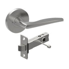 Castile door handle by Style Finish Doorware, showing a sleek, stainless steel handle with modern design on a door.