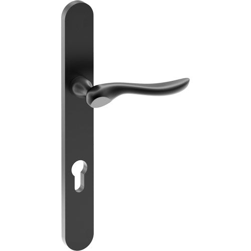 CATALONA Door Handle on B01 EXTERNAL European Standard Backplate with Cylinder Hole, Concealed Fixing (Half Set) 85mm CTC in Black Teflon