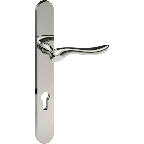 CATALONA Door Handle on B01 EXTERNAL European Standard Backplate with Cylinder Hole, Concealed Fixing (Half Set) 85mm CTC in Polished Stainless