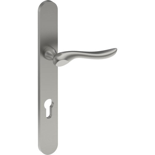 CATALONA Door Handle on B01 EXTERNAL European Standard Backplate with Cylinder Hole, Concealed Fixing (Half Set) 85mm CTC in Satin Stainless