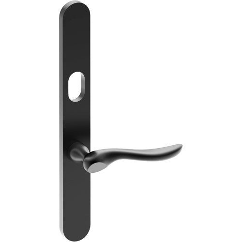 CATALONA Door Handle on B01 EXTERNAL Australian Standard Backplate with Cylinder Hole, Concealed Fixing (Half Set) 64mm CTC in Black Teflon