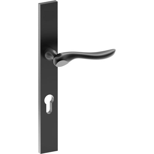 CATALONA Door Handle on B02 EXTERNAL European Standard Backplate with Cylinder Hole, Concealed Fixing (Half Set) 85mm CTC in Black Teflon