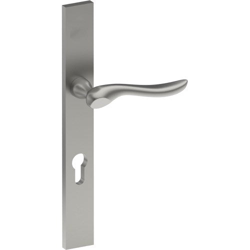 CATALONA Door Handle on B02 EXTERNAL European Standard Backplate with Cylinder Hole, Concealed Fixing (Half Set) 85mm CTC in Satin Stainless
