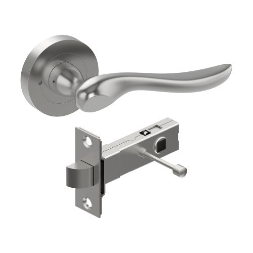 CATALONA Door Handles on Ø52mm Integrated Privacy Rose inc. Latch in Satin Stainless
