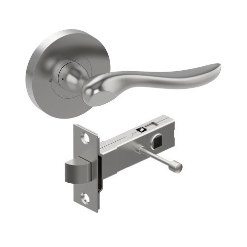 CATALONA Door Handles on Ø65mm Integrated Privacy Rose inc. Latch in Satin Stainless
