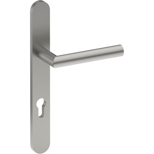 CETINA Door Handle on B01 EXTERNAL European Standard Backplate with Cylinder Hole, Concealed Fixing (Half Set) 85mm CTC in Satin Stainless