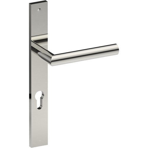 CETINA Door Handle on B02 EXTERNAL European Standard Backplate with Cylinder Hole, Concealed Fixing (Half Set) 85mm CTC in Polished Stainless