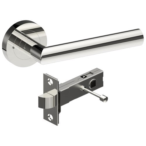 CETINA Door Handles on Ø52mm Integrated Privacy Rose inc. Latch in Polished Stainless