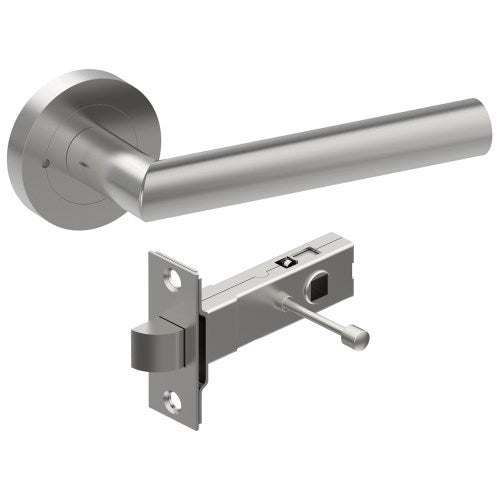 CETINA Door Handles on Ø52mm Integrated Privacy Rose inc. Latch in Satin Stainless