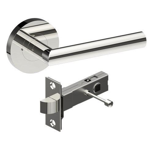 CETINA Door Handles on Ø65mm Integrated Privacy Rose inc. Latch in Polished Stainless