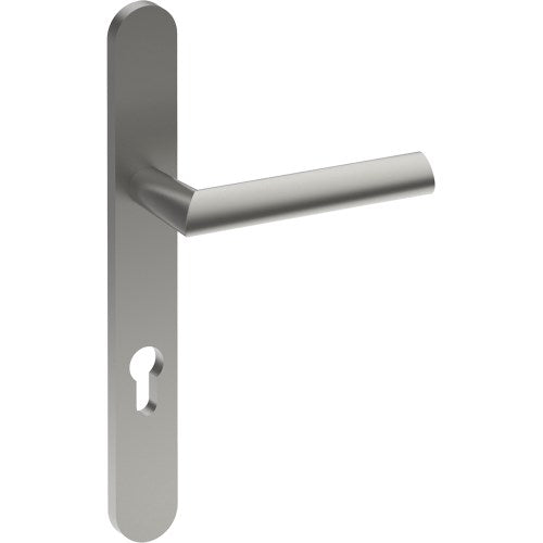 COMO Door Handle on B01 EXTERNAL European Standard Backplate with Cylinder Hole, Concealed Fixing (Half Set) 85mm CTC in Satin Stainless
