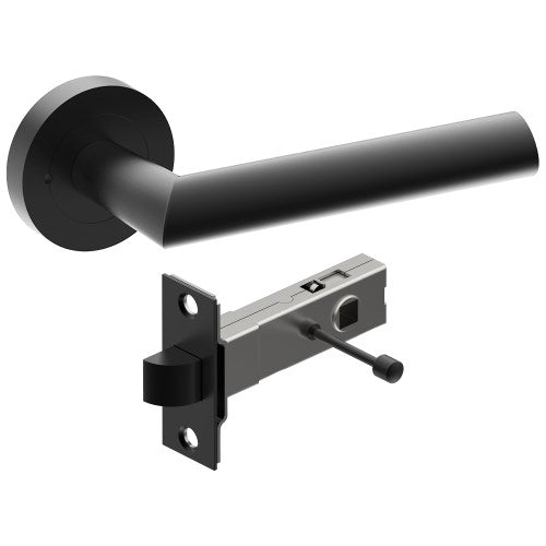 Black COMO door handle by Style Finish Doorware mounted on a door, showcasing sleek modern design and polished finish.