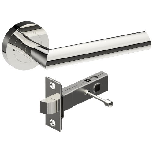 COMO Door Handles on Ø52mm Integrated Privacy Rose inc. Latch in Polished Stainless
