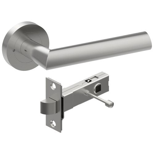 COMO Door Handles on Ø52mm Integrated Privacy Rose inc. Latch in Satin Stainless