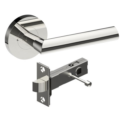 COMO Door Handles on Ø65mm Integrated Privacy Rose inc. Latch in Polished Stainless