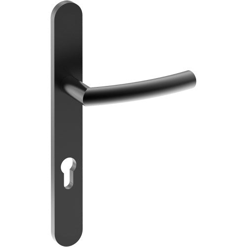 CURVE Door Handle on B01 EXTERNAL European Standard Backplate with Cylinder Hole, Concealed Fixing (Half Set) 85mm CTC in Black Teflon