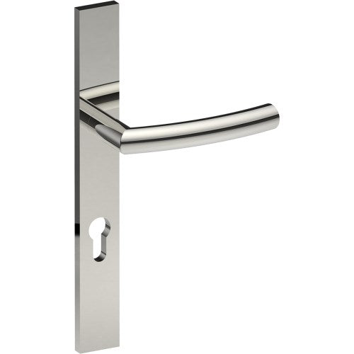 CURVE Door Handle on B02 EXTERNAL European Standard Backplate with Cylinder Hole, Concealed Fixing (Half Set) 85mm CTC in Polished Stainless