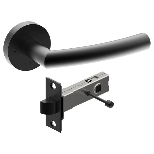 CURVE Door Handles on Ø52mm Integrated Privacy Rose inc. Latch in Black Teflon